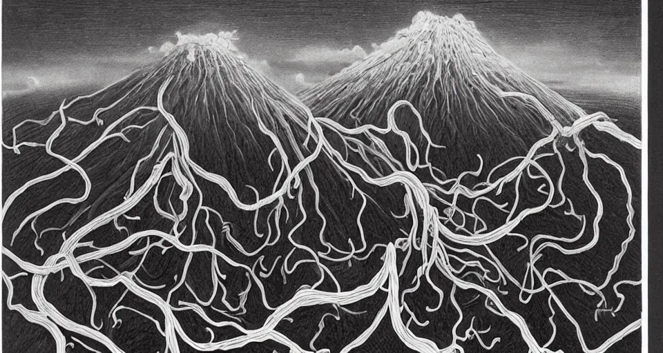 Prompt: a volcano made of ivory vines and crimson rocks enters in eruption, it spits a smoke in the shape of demonic eye, by Charles Addams