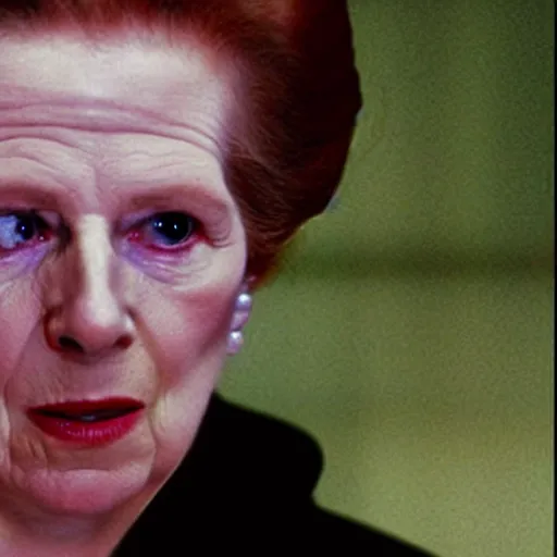 Image similar to A movie still of Margaret Thatcher as Neo in The Matrix