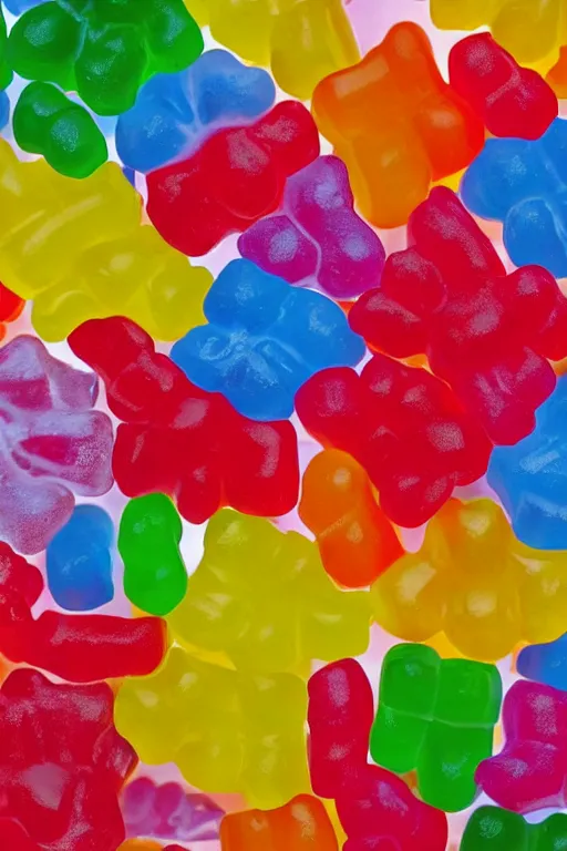 Image similar to super close up of still life of a bouquet of soft gummy bears and jelly beans in the shape of different flowers, delicious rubbery translucent squishy sweets, soft light, highly detailed, close up, northern renaissance