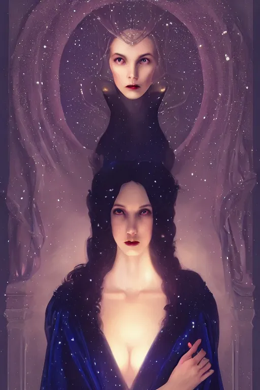 Image similar to Nocturne, glowing, stars, a long-legged elegant evil woman, highly detailed, mysterious, ethereal, dressed in midnight blue velvet, haute couture, illustration, dramatic lighting, soft details, painting, by Edmund Blair Leighton, Brom, Charlie Bowater, trending on artstation, faces by Tom Bagshaw, otto schmidt