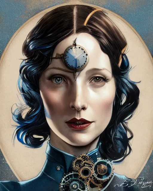 Prompt: in the style of joshua middleton, artgerm, beautiful caitriona balfe, steampunk, bioshock, full body, blue dress, elegant pose, middle shot, spooky, symmetrical face, symmetrical eyes, detailed realisitc eyes, three point lighting, detailed realistic eyes, detailed and intricate