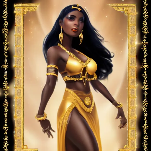 Image similar to aesthetic!!!!!! Female genie in Arabic clothing, black skin, long black hair, gold tint, frontal pose, super resolution, graphex camera!!!!!!!!!!!! Full-length view,