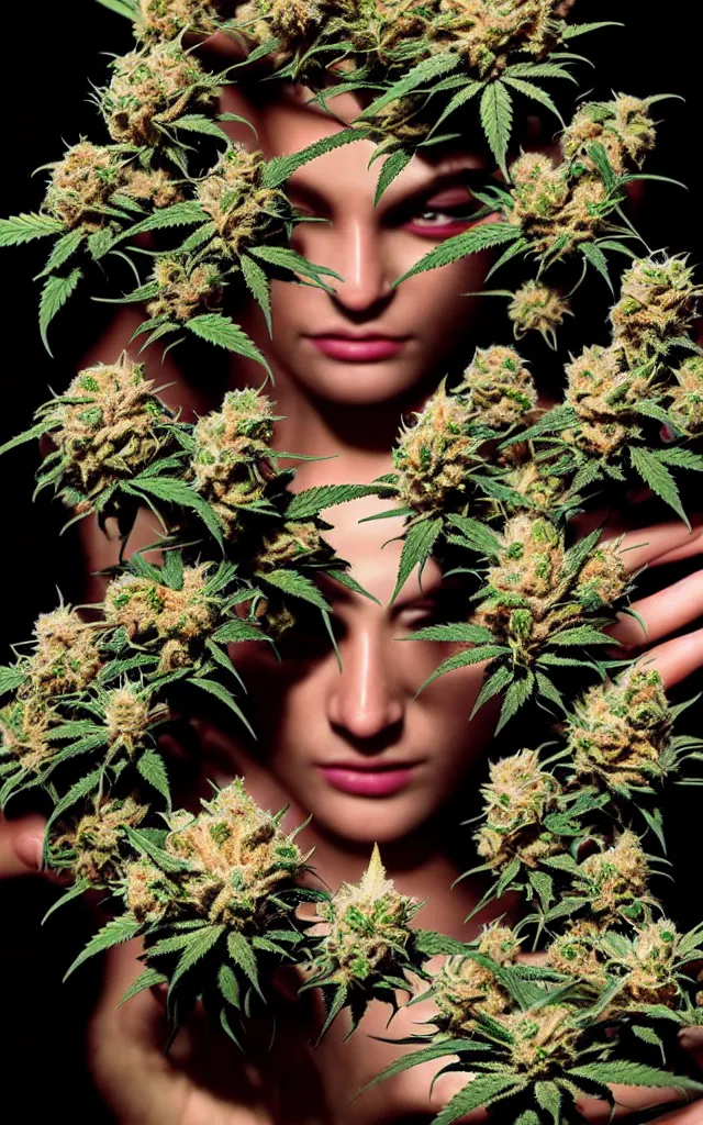 Image similar to epic scale cinematic marijuanawoman superhero cinematic 4 k perfect focus closeup macro photography of a marijuana bud crystals trichomes, densely packed buds of weed, high times visionary photography by greg rutkowski alex grey hr giger artgerm cgsociety by greg rutkowski android jones max chroma rule of thirds golden ratio