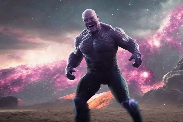 Image similar to promotional image of bald Bryan Cranston as Thanos in Avengers: Endgame (2019), dynamic action shot, laughing, movie still frame, promotional image, imax 70 mm footage