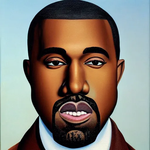 Prompt: beautiful portrait of kanye west smiling. painted by rene magritte, 1 9 2 7. oil on canvas.
