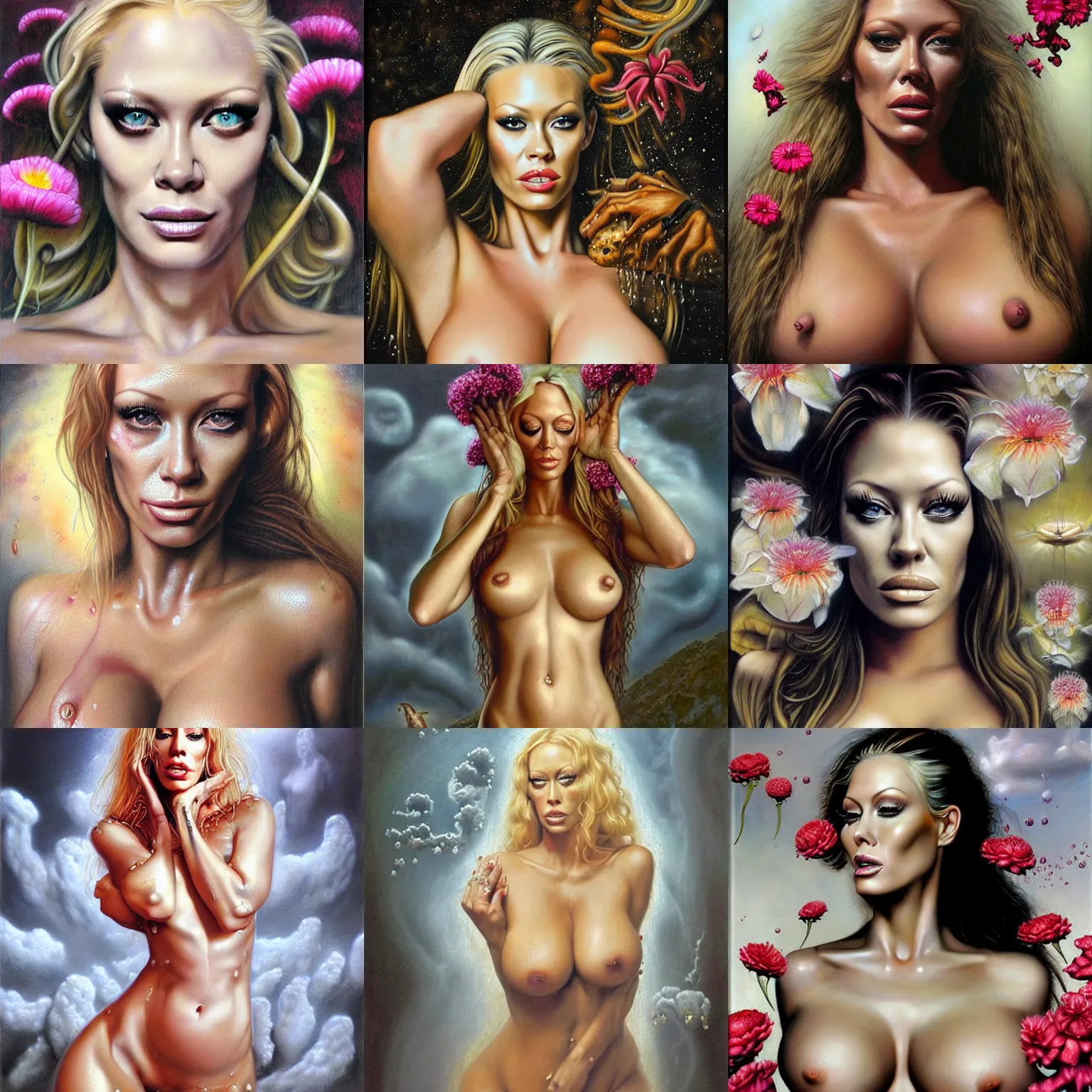 Prompt: hyper realistic portrait painting of jenna jameson facing camera ( glistening, vixen, alluring, carnal ) wet, milk dripping, flowers, clouds, nature, by saturno butto, boris vallejo, austin osman spare and david kassan, by bussiere. occult art, occult diagram, grey, sensual color scheme