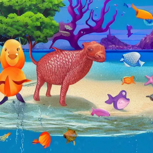 Prompt: A world where sea animals walk on land and land animals swim in the sea