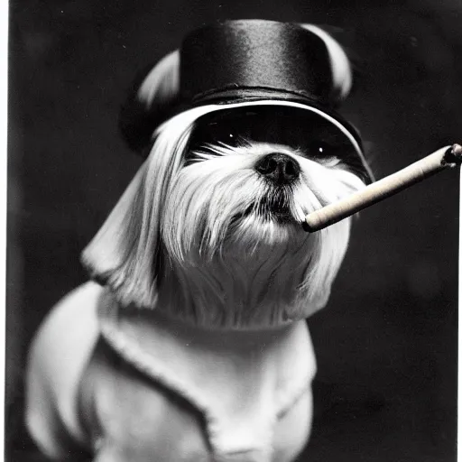 Prompt: a shih tzu wearing a hat while smoking a cigar, noir film