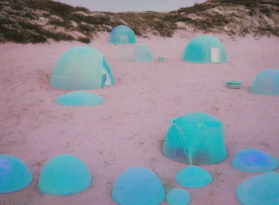 Prompt: a pastel coloured vintage family holiday photo of an empty beach from an alien dreamstate world with chalky pink iridescent!! sand, reflective lavender ocean water, dim bioluminescent plant life and an igloo shaped shiny plastic transparent festival tent. glare. refraction, volumetric light.