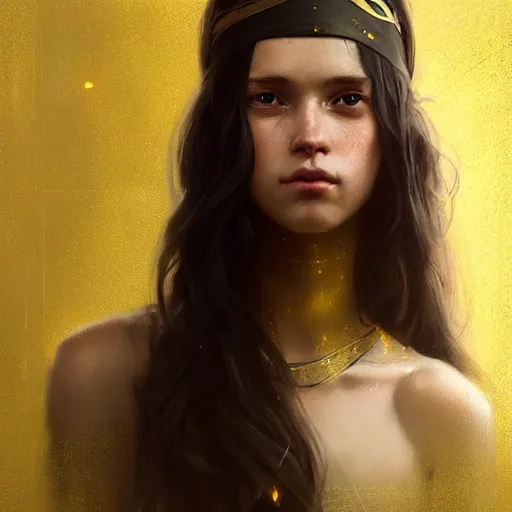 Image similar to highly detailed portrait of a young woman with long dark hair and a golden headband, art by greg rutkowski, unreal engine, high quality, vivid, stunning lighting, symmetry