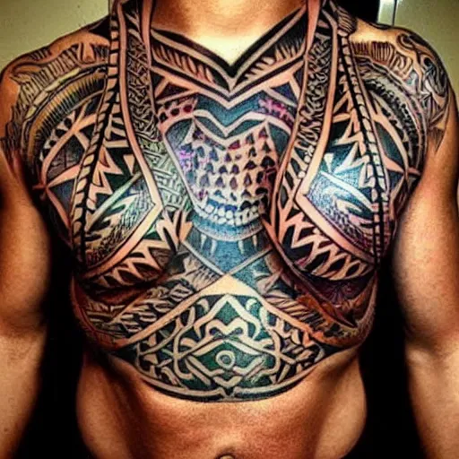 Prompt: tribal tattoo along chest, colorful, intricate detail