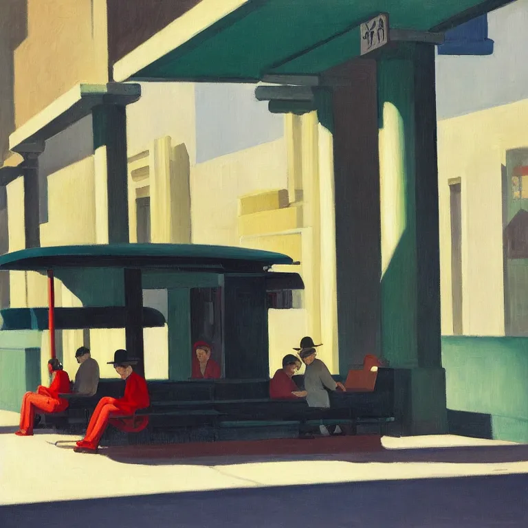 Image similar to a few people waiting at a bus stop in a quiet downtown, painted by Edward Hopper and James Gilleard, oil painting