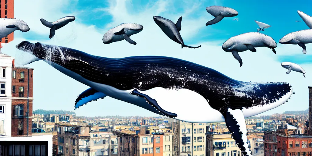 Prompt: photography collage of whale flying over a building, wearing fashion clothing, id magazine, hyperrealism, detailed textures, photorealistic, 3 d city, ultra realistic,