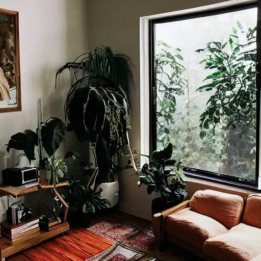 Image similar to a living room with plants and music equipment and a painting on the wall, featured on tumblr, light and space, sanctuary, soft light, aesthetic