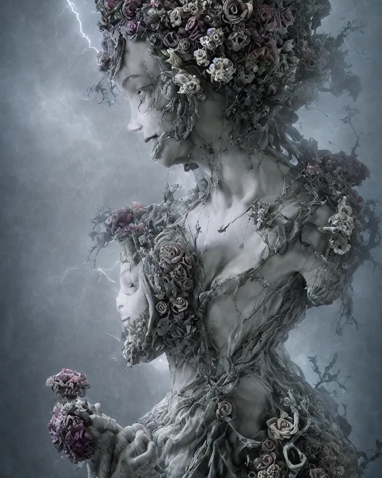Prompt: portrait of a gothic cemetery statue made of mist and flowers, cosmic horror, mutating into mist, dramatic lightning, Andrew Ferez, Charlie Bowater, Marco Mazzoni, Seb McKinnon, Ryohei Hase, Alberto Seveso, Kim Keever, trending on cgsociety, featured on zbrush central, new sculpture, mystical
