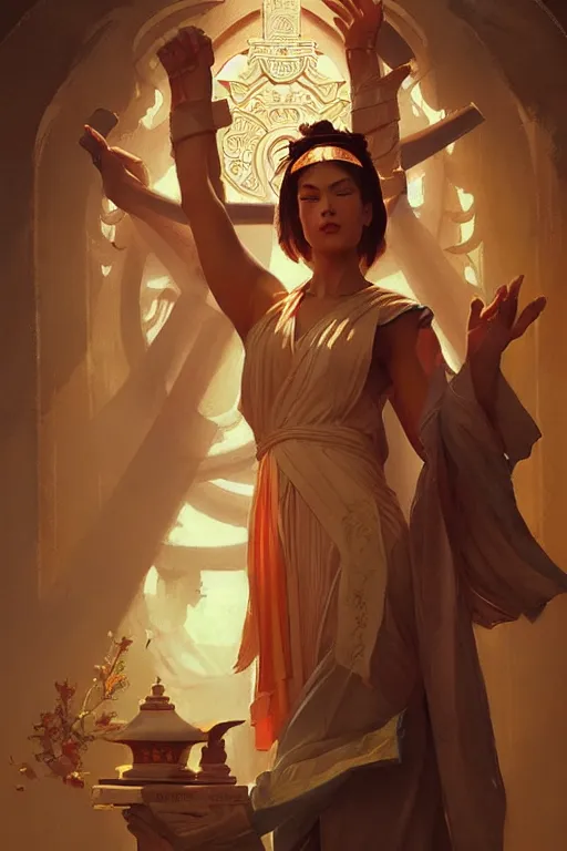 Image similar to temple, taoism, painting by greg rutkowski, j. c. leyendecker, artgerm