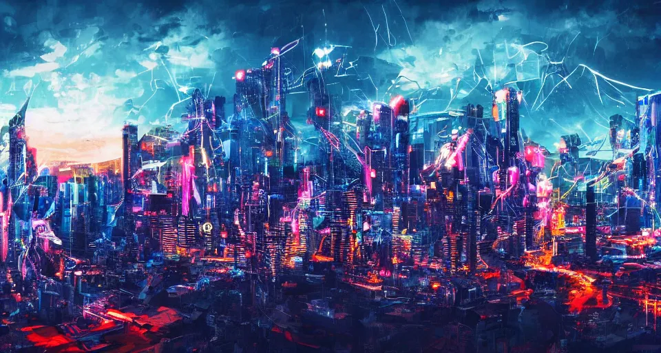 Beautiful Cyberpunk Cityscape with a sunset, Glitchy Animation style, Cyberpunk  Wallpaper/Background, Stock Illustration