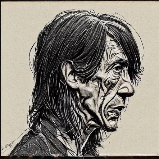 Prompt: a realistic yet scraggly portrait sketch of the side profile of a stern and sophisticated young iggy pop, trending on artstation, intricate details, in the style of frank auerbach, in the style of sergio aragones, in the style of martin ansin, in the style of david aja, in the style of mattias adolfsson