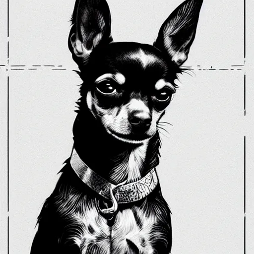 Image similar to portrait of a chihuahua looking angry by martin ansin, comic book art, frank miller, artstation, highly detailed, cinematic, extremely detailed, high quality