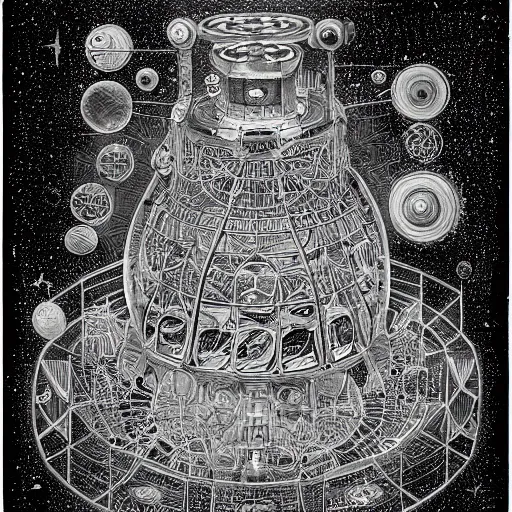 Image similar to a black and white drawing of a chrome space station filled with equipment, a microscopic photo by ernst haeckel, zbrush central, kinetic pointillism, bioluminescence, intricate patterns, photoillustration