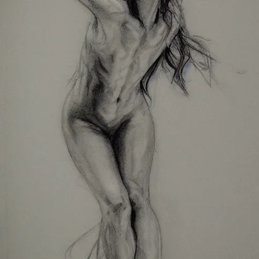 Image similar to black and white line drawing of a callipygian, radiant skin, sketch art, reference art, fit body, arched back, grayscale, Louis Royo