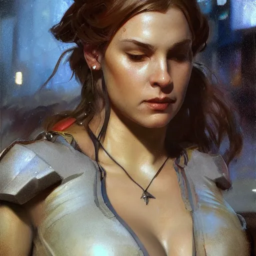 Image similar to jaina proudmoore, hyperrealistic full figure, bladerunner street alley, art of elysium by frank frazetta and by jeremy mann and by alphonse mucha, fantasy art, photo realistic, dynamic lighting, artstation, full figure poster, volumetric lighting, very detailed face, 4 k, award winning