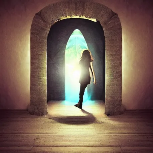 Prompt: she steps from her bedroom through the portal into the alternative multiverse, digital art, stunning light