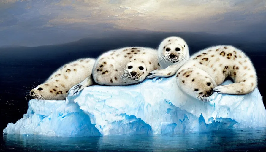 Image similar to highly detailed painting of cute furry white baby seal leopards cuddling into each other on a blue and white iceberg by william turner, by greg rutkowski, by william constable, thick brush strokes and visible paint layers, 4 k resolution