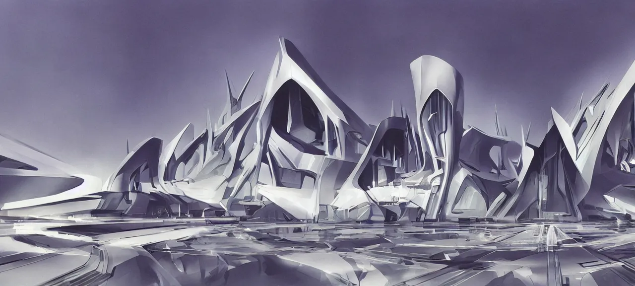 Image similar to ominous headquarters of an evil corporation, by zaha hadid, concept art by syd mead