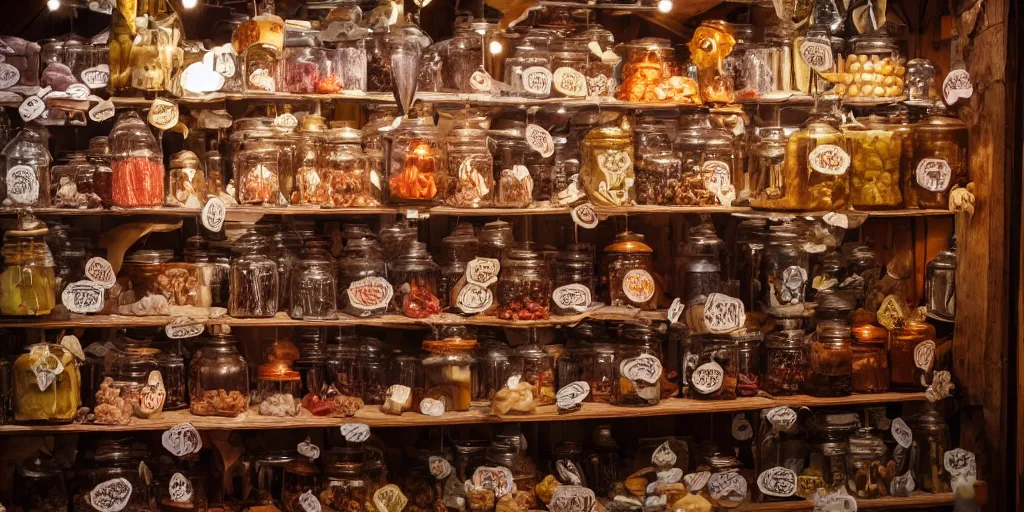 Prompt: Inside an old fashioned sweet shop, sweet jars on shelves, fantasy vendor interior, wide angle, cinematic, highly detailed, cinematic lighting , photorealistic