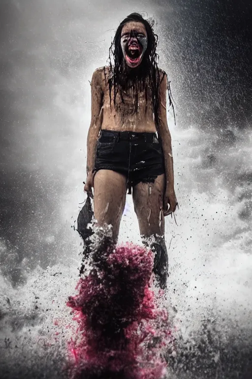 Prompt: apocalyptic photograph of a teenage girl screaming face toward the camera wearing wet!! and ripped!!! shirt and shorts while a terrifying robot!!! stands very tall in the distance, short dof, atmospheric, rain and smoke and lightning, bold colors, dramatic movie still