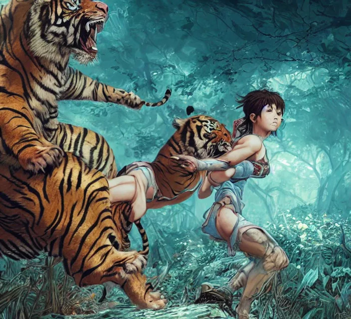 Image similar to a girl fighting a tiger, full shot, visible face, ambient lighting, detailed, art by ayami kojima, makoto shinkai, kilian eng