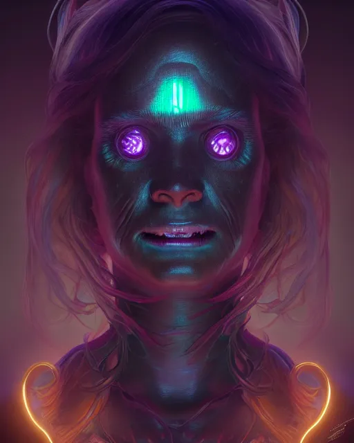 Image similar to portrait of a creepy bioluminescent monster, highly detailed, digital painting, cinematic, hyperrealism, dark retrowave, art by stanley lau and artgerm and magali villeneuve and alphonse mucha, artstation hd, octane render, cgsociety