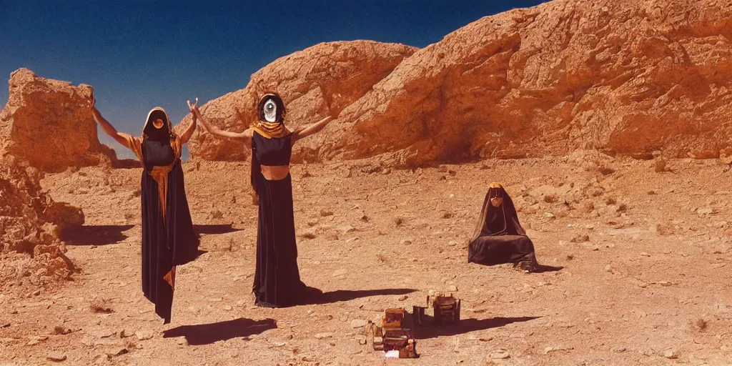 Prompt: levitating woman with full - face golden mask in a dry rocky desert landscape, visible sky and sunny atmosphere, fata morgana and giant mirrors by alejandro jodorowsky, anamorphic lens, kodakchrome, practical effects, masterpiece, 8 k
