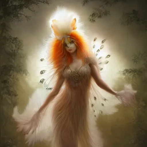 Prompt: prompt A beautiful head of a white red orange fox goddess, translucent silky dress made of peacock tails, a bra made of peacock feathers, close up front view, long hair in the shape of clumpy fox tails, backlit, concept art, matte painting, trending on artstatioin, by Peter Mohrbacher