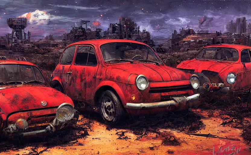 Image similar to red fiat in a post - apocalyptic landscape, dramatic scifi painting, highly detailed, dystopian, low angle view, by alex schomburg, by paul lehr