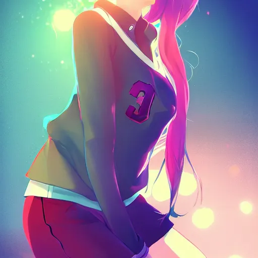 Prompt: Beautiful anime female basketball player leaning against a basketball in her room, anime key visual, lois van baarle, ilya kuvshinov, rossdraws, artstation