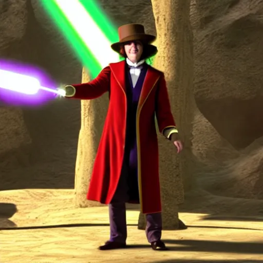 Image similar to willy wonka as a jedi from star wars, using jedi robe and holding a lightsaber, realistic 4 k,