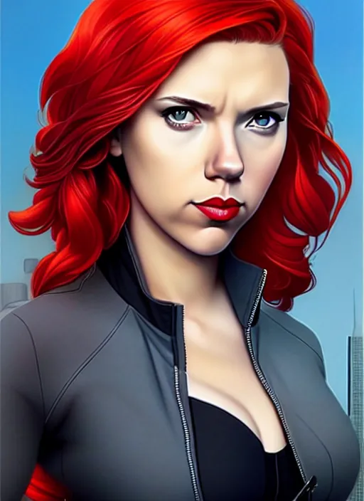 Prompt: phil noto, artgerm, pretty scarlett johansson black widow, symmetrical eyes, long red hair, full body, city rooftop