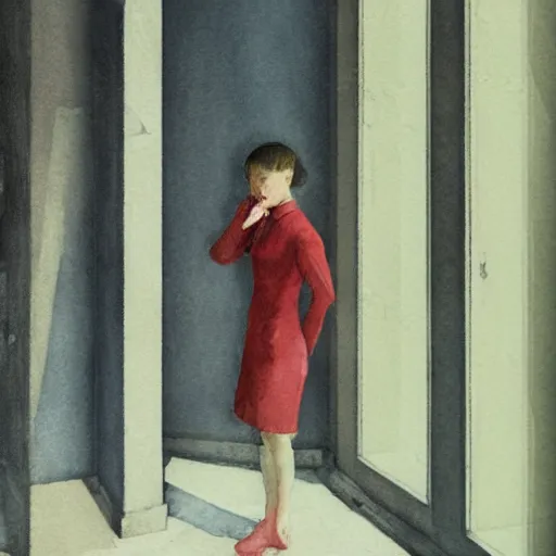 Image similar to close up of a girl in a soviet liminal abandoned building, watercolor by victo ngai, by hammershøi, art noveau, highly detailed, lights by edward hopper, liminal, eerie, bright pastel colors