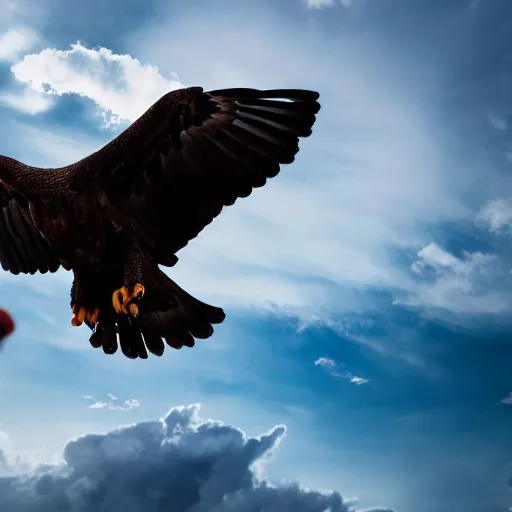 Image similar to cinematic photo of a giant eagle snatching away grimace with its talons, camera is looking up at the subject in the sky with fancy clouds behind