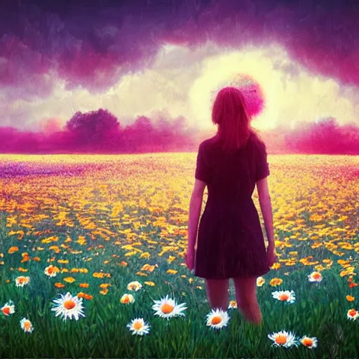 Prompt: full body girl standing in a flower field, her head is hidden behind the huge daisy flower,. surreal photography, sunrise, dramatic light, impressionist painting, colorful clouds, digital painting, artstation, simon stalenhag
