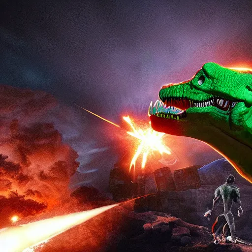 Image similar to a human punching with his right arm at a green tyrannosaurus rex creating a nuclear bomb explosion, 3 d, dynamic lighting, vivid imagery