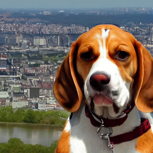 Image similar to photo of gigantic beagle dog over a city