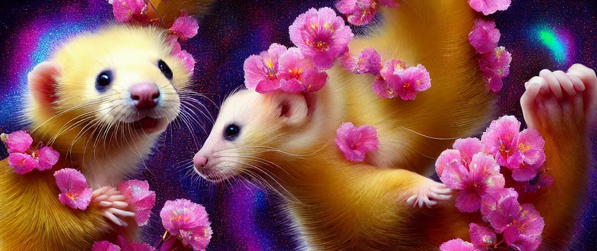 Prompt: hyper detailed 3d render like a Oil painting - kawaii portrait Aurora (playful golden haired pet Ferret) seen Eating of the Strangling network of yellowcake aerochrome and milky Fruit and Her delicate Hands hold of gossamer polyp blossoms bring iridescent fungal flowers whose spores black the foolish stars by Jacek Yerka, Mariusz Lewandowski, Houdini algorithmic generative render, Abstract brush strokes, Masterpiece, Edward Hopper and James Gilleard, Zdzislaw Beksinski, Mark Ryden, Wolfgang Lettl, hints of Yayoi Kasuma, octane render, 8k