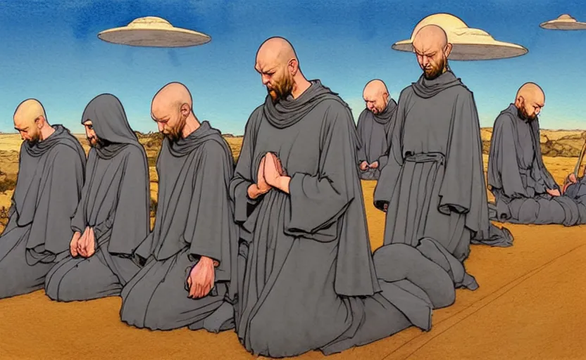 Image similar to a hyperrealist watercolour concept art of a group of medieval monks in grey robes kneeling in prayer. a large primitive ufo is in the sky. on a desert road. by rebecca guay, michael kaluta, charles vess and jean moebius giraud. high detail, hq, wide shot