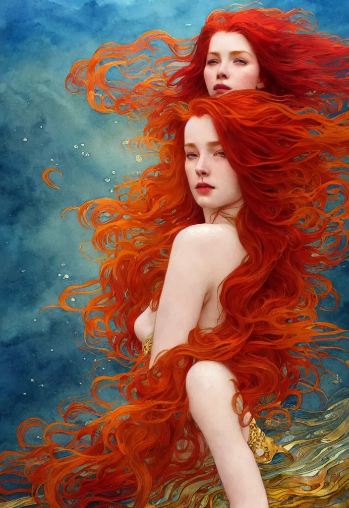 Prompt: beautiful watercolor painting of a red hair young queen under water, surrounded by long golden fish, intricate, elegant, highly detailed, digital painting, artstation, concept art, smooth, sharp focus, art by krenz cushart and artem demura and alphonse mucha, dynamic lighting, full body shot, ultrarealistic, cinematic, octane render, 8 k