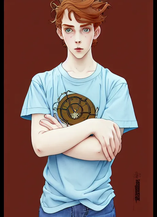 Image similar to art nouveau portrait of a teen boy with completely straight auburn hair, light blue eyes, pale skin, freckles, sad expression, t - shirt, modern casual clothing, natural lighting, path traced, highly detailed, high quality, cartoon, digital painting, by don bluth and ross tran and studio ghibli and alphonse mucha