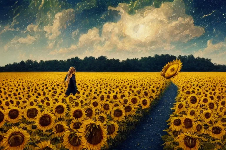 Image similar to huge sunflower head, girl walking in wheat field, hills, surreal photography, dark night, star trails, dramatic light, impressionist painting, clouds, digital painting, artstation, simon stalenhag