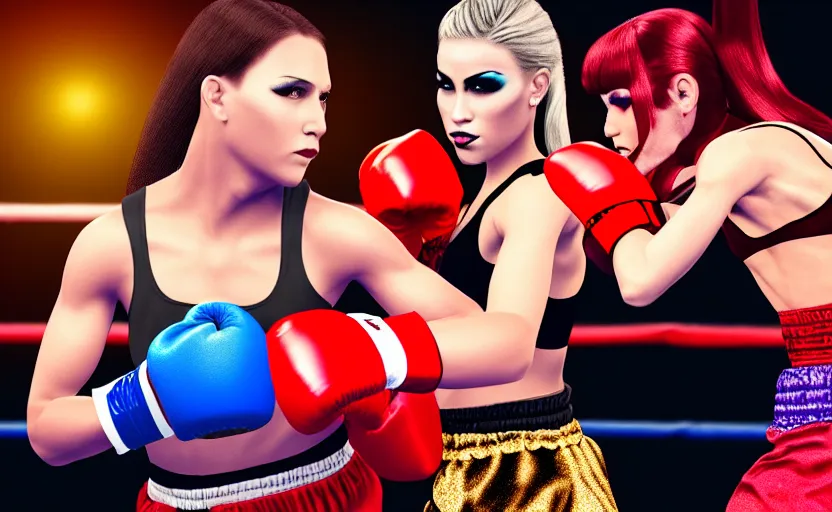 Image similar to girl boxing with drag queen, no blur, 4 k resolution, ultra detailed